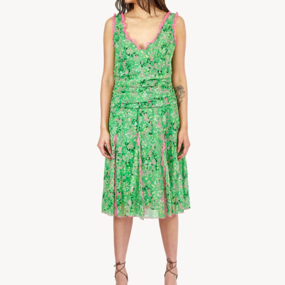 BCBG Maxazria Pink Ruffle Ruched Waist Pleated Spring Midi Confetti Green Dress